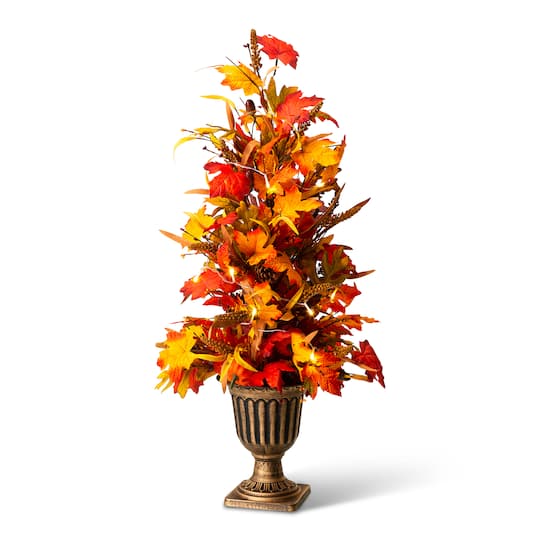 Glitzhome; Glitzhome® 3ft. Fall Lighted Maple Leaves Tree in Urn with Timer; Category:Fall Trees; Image:1